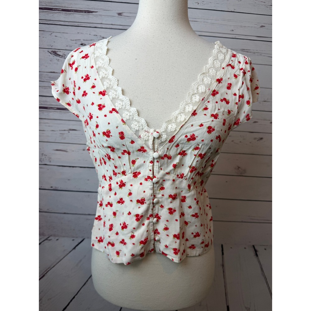 American Eagle Floral Blouse Medium Y2K 90s Cottage Lace NWT Top Coquette Shirt